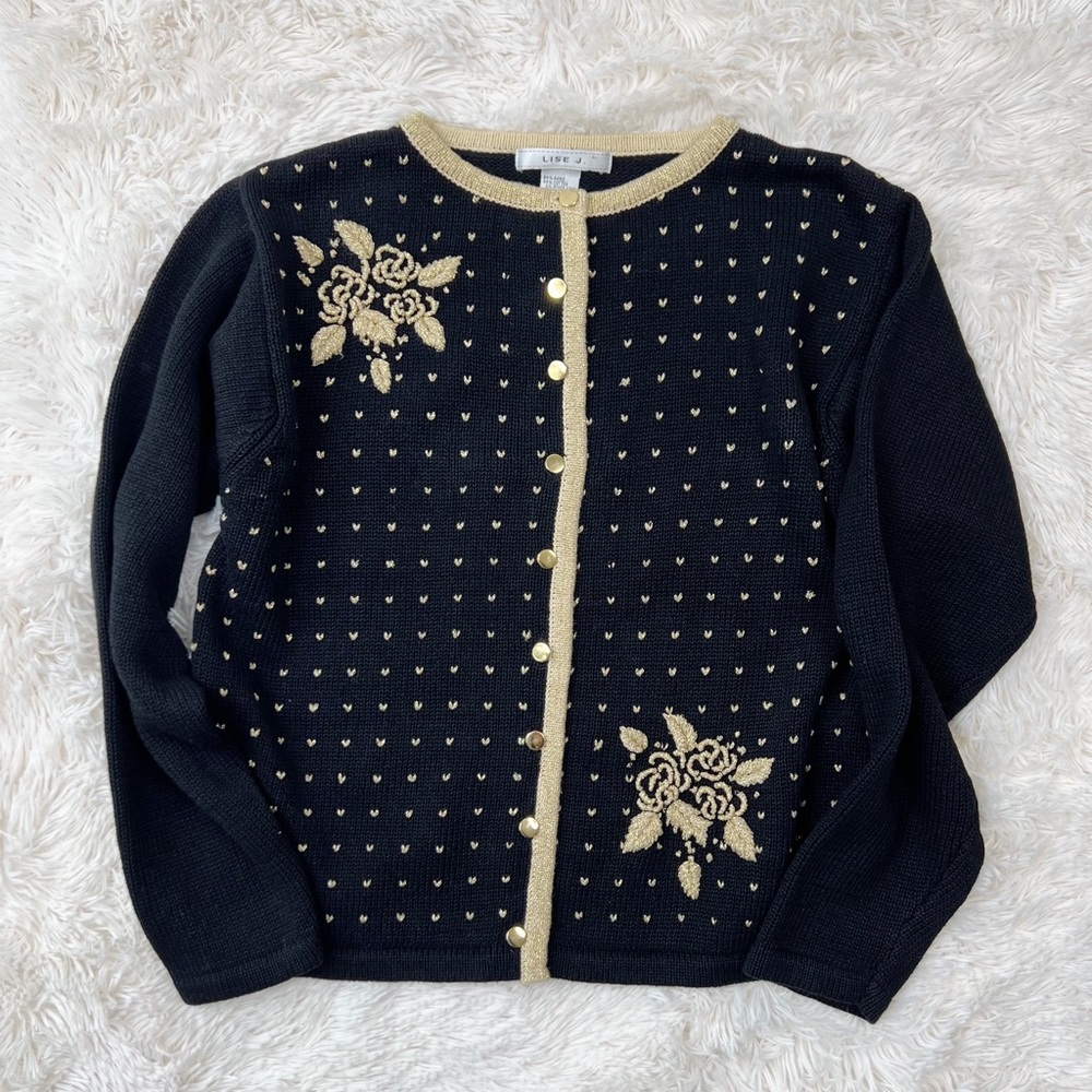 Embroidered Black and metallic gold Christmas sweater cardigan gold butt…